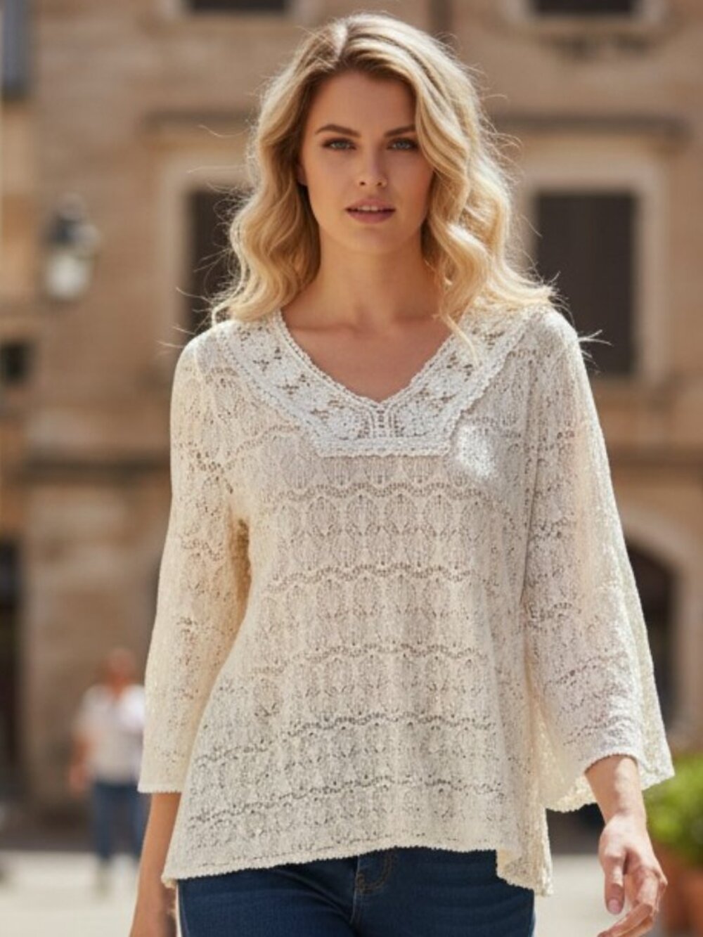 Sara Campbell Crochet Lace Top Cream Ivory XL Made in USA Excellent